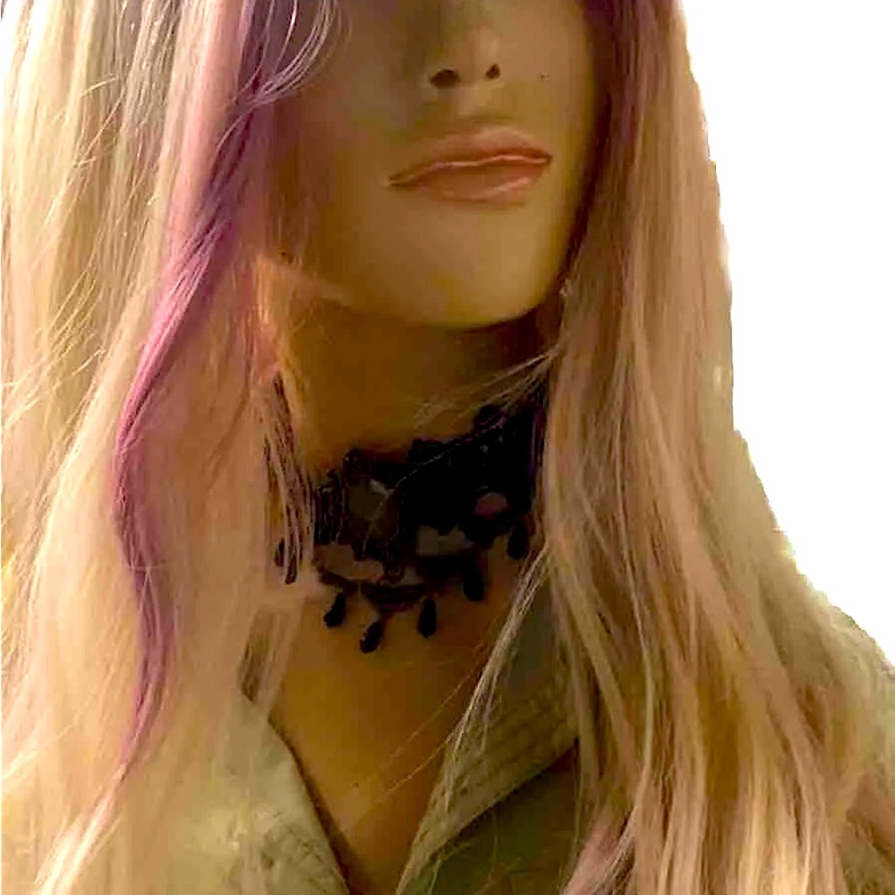 Cosplay wavy wig, anime wig, synthetic blend, blonde hair with pink highlights